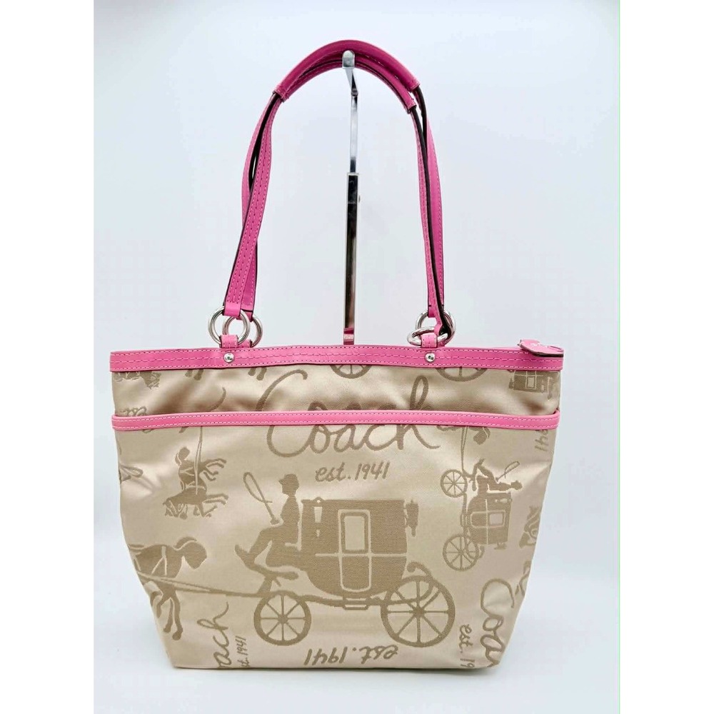 Coach Horse & Carriage Sateen Gallery Shoulder Bag Pink Khaki F14482 Tote - Picture 9 of 10